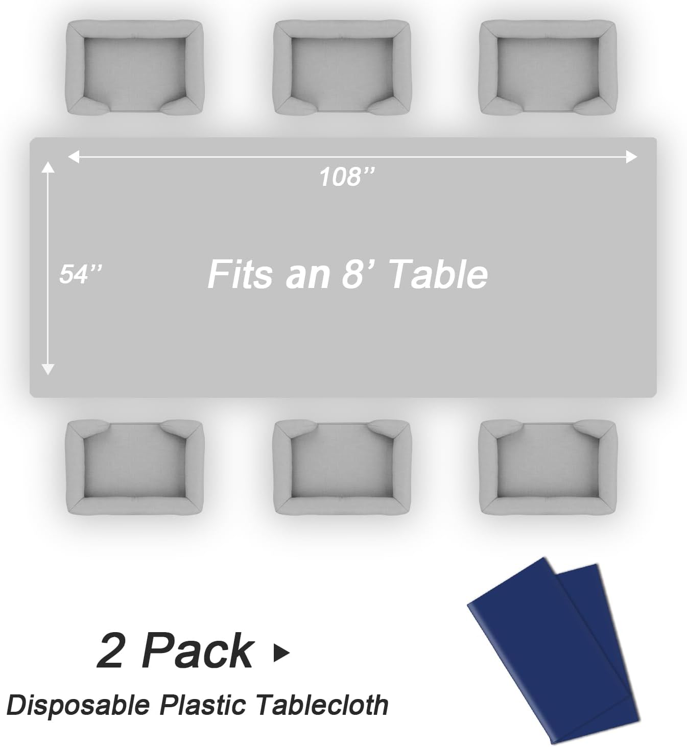 QIKSION Plastic Table Cloth Disposable 2 Pack, 54 x 108 Inch Tablecloths for Rectangle Tables, Navy Blue Plastic Table Cover