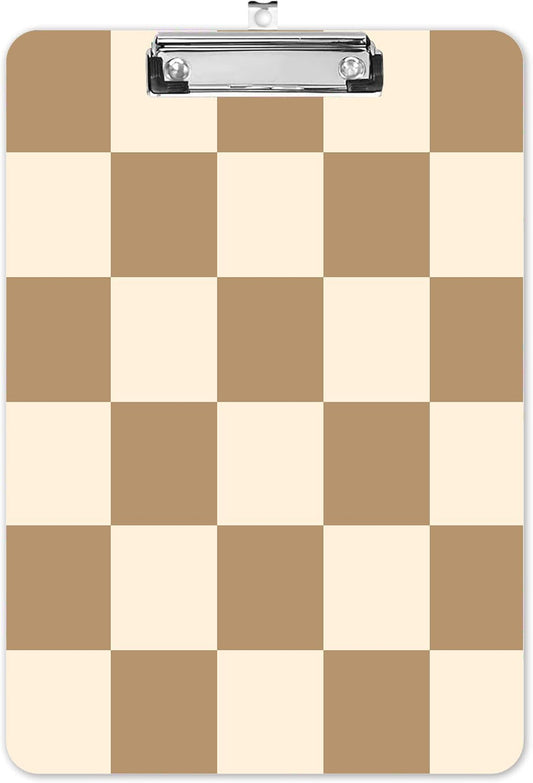 Fashion A4 Clipboard, Standard Letter Size 9" x 12.5", Decorative Wooden Clipboard with Low Profile Metal Clip for Office, School, Teachers, and Students, Coffee Checkered