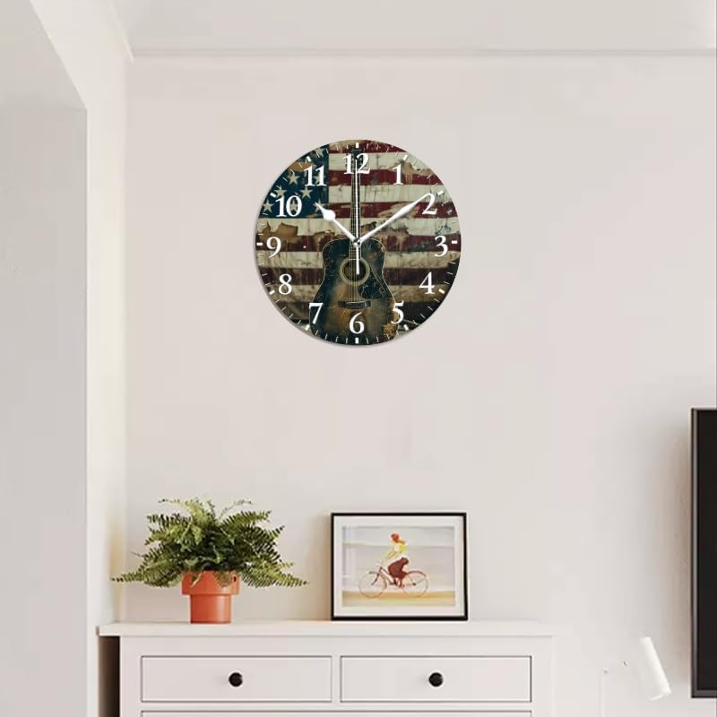 Guitar Wall Clock Non-Ticking Silent Clocks Battery Operated Analog Decor Clock for Home-Acoustic Guitar Leaning Against Old American Flag(12inch)