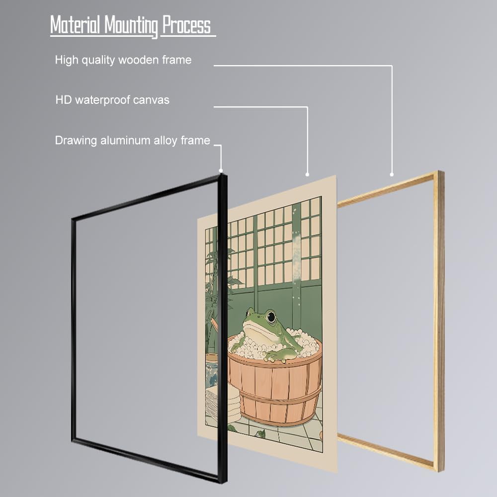 Funny Bathroom Wall Art Japanese Aesthetic Frog in a Bathtub Posters Cute Animal Canvas Prints Vintage Neutral Minimalist Wall Decor for Apartment Dorm 20x30in Framed