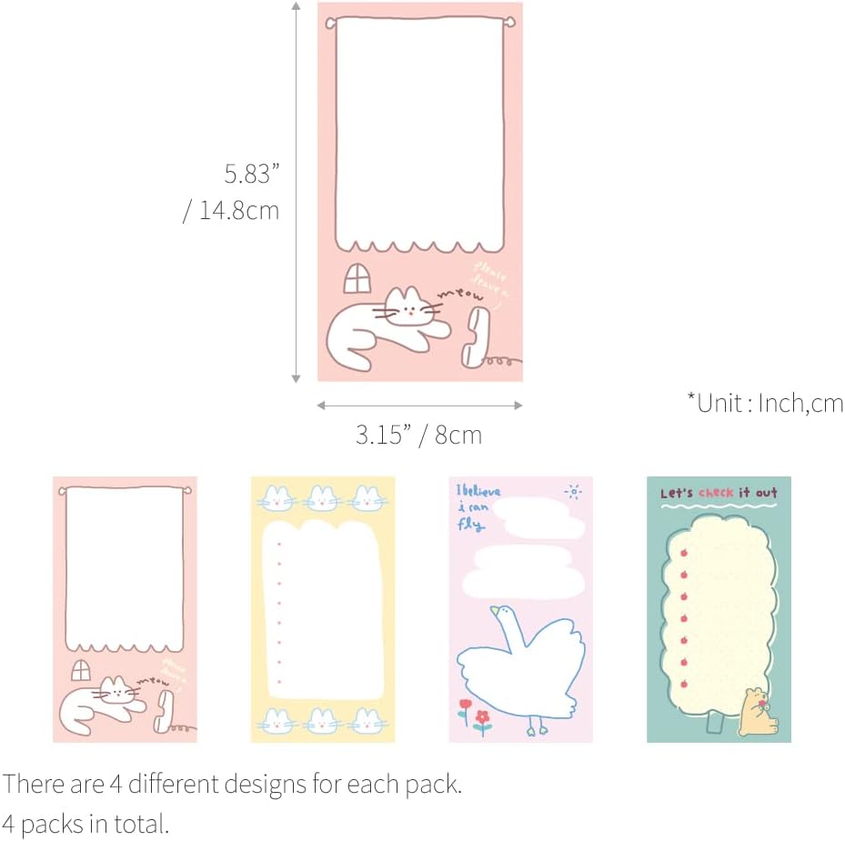 Monolike Memopad Storytown Afternoon A SET - 4 Packs, 4 Different Designs, 80 Sheets Per Pad, Total 320 Sheets, Note pads, Writing pads, 80x148mm