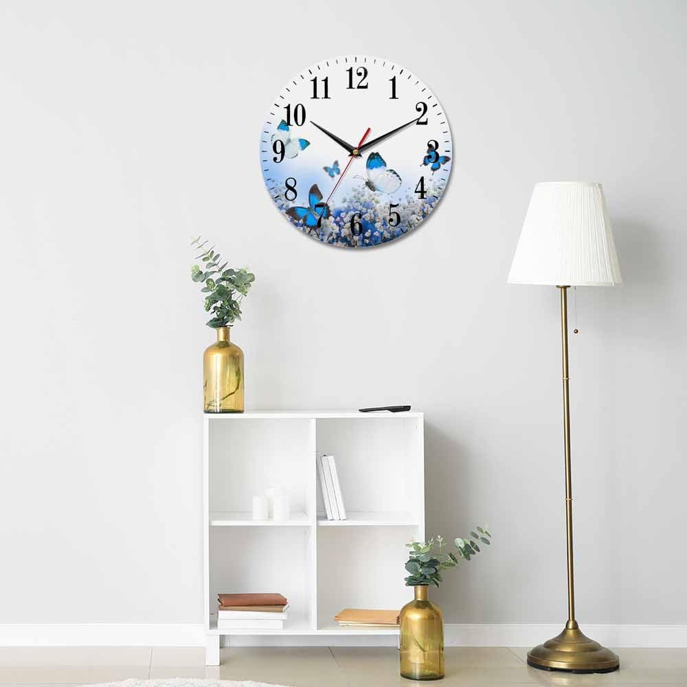 Mxocom Flower Bouquet Wall Clock Butterfly and Blue White Hydrangeas 10 Inch Silent Non Ticking Battery Operated Clock Vintage Round Clock for Living Room Bedroom Bathroom Office Decor