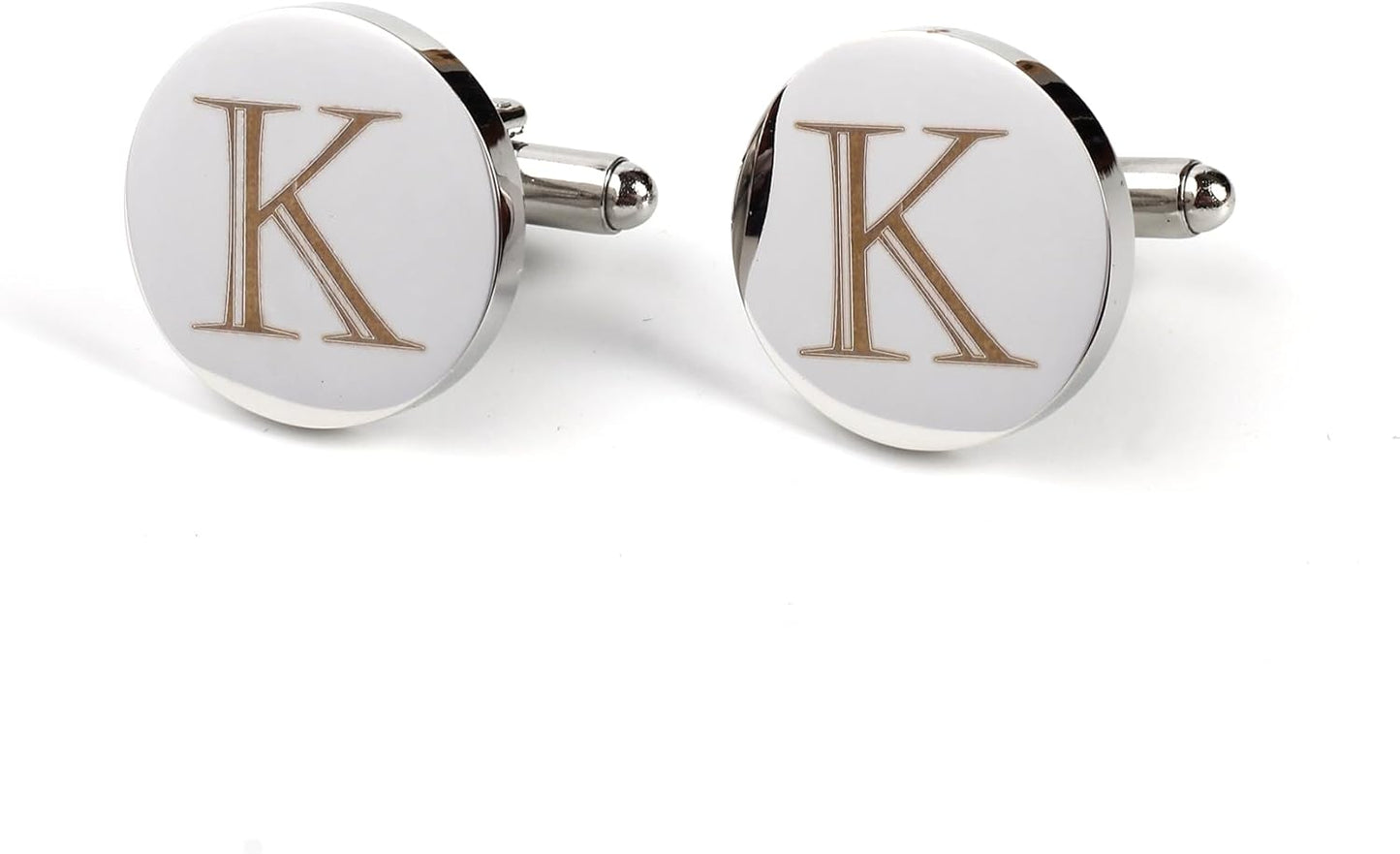 Mens Initial Silver Cufflinks A-Z Alphabet Letter Steel Cuff Links with Engraved Walnut Wood Box Groom Groomsman Wedding Set…