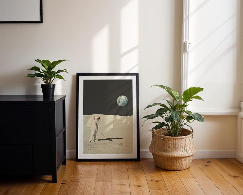 Vintage Space Golf Wall Art, Retro Astronaut Sports Print for Bar, Office or Game Room Decor, Outer Space Golfer Poster with Earth View and Tee Time Theme (Unframed) (16x24)