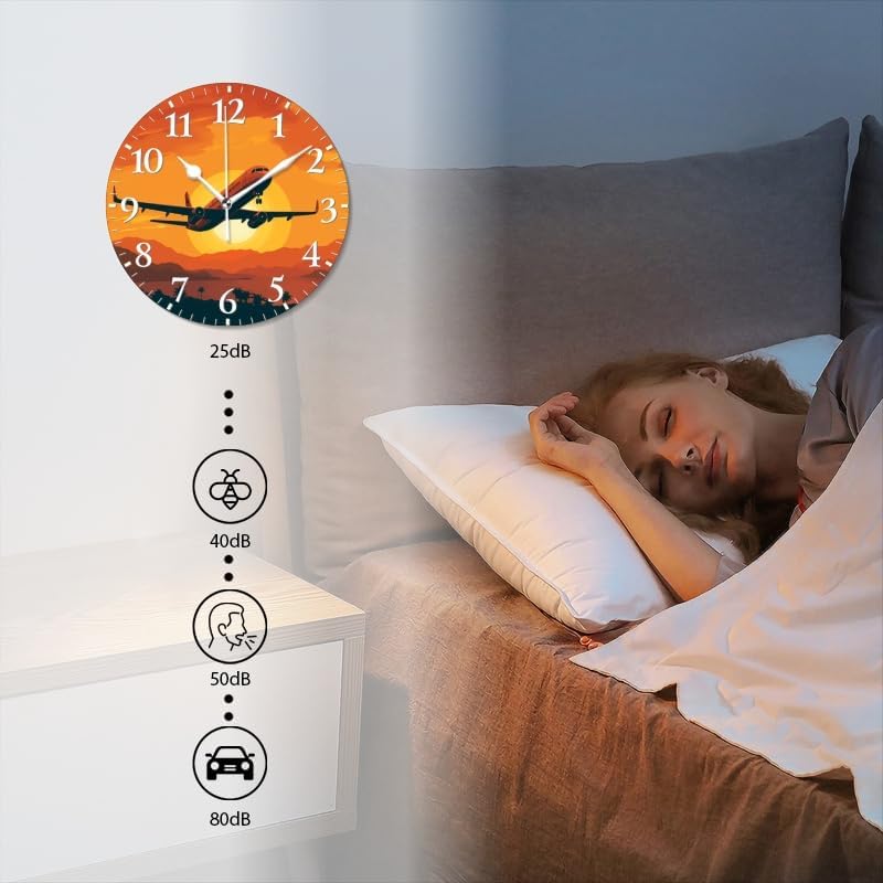Sunset Wall Clock Non-Ticking Silent Clocks Battery Operated Analog Decor Clock for Home-Illustration of Airplane Flying Over The Sunset(14inch)