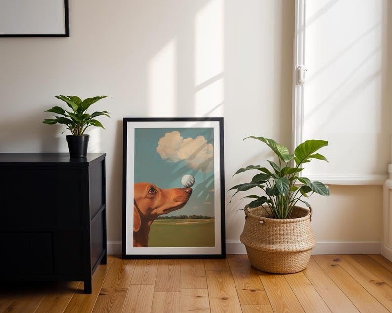 Nationcog Elegant Dachshund Golf Wall Art, Retro Wiener Dog Sports Oil Painting Print for Bar, Office or Home Decor, Playful Golfer Artwork for Dog Lovers (Unframed) (16x24)