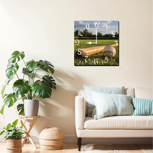Baseball Square Clock Silent No Tick Battery Powered Home Decor 10inch Wooden Wall Clock for Living Room Kitchen Bathroom Farmhouse