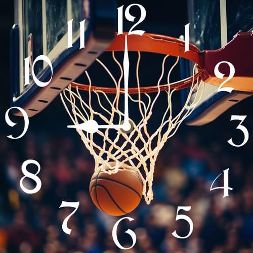 Basketball Square Clock Silent No Tick Battery Powered Home Decor 10inch Wooden Wall Clock for Living Room Kitchen Bathroom Farmhouse