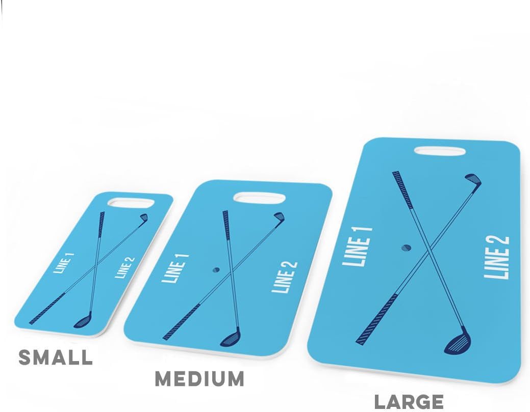 ChalkTalkSPORTS Golf Luggage & Bag Tag | Personalized Crossed Golf Clubs | Standard Lines on Back | Small | Carolina/Navy