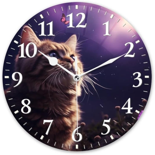 Cat Wall Clock Non-Ticking Silent Clocks Battery Operated Analog Decor Clock for Home-Cute Cat Gazing at Butterflies in The Sky(14inch)
