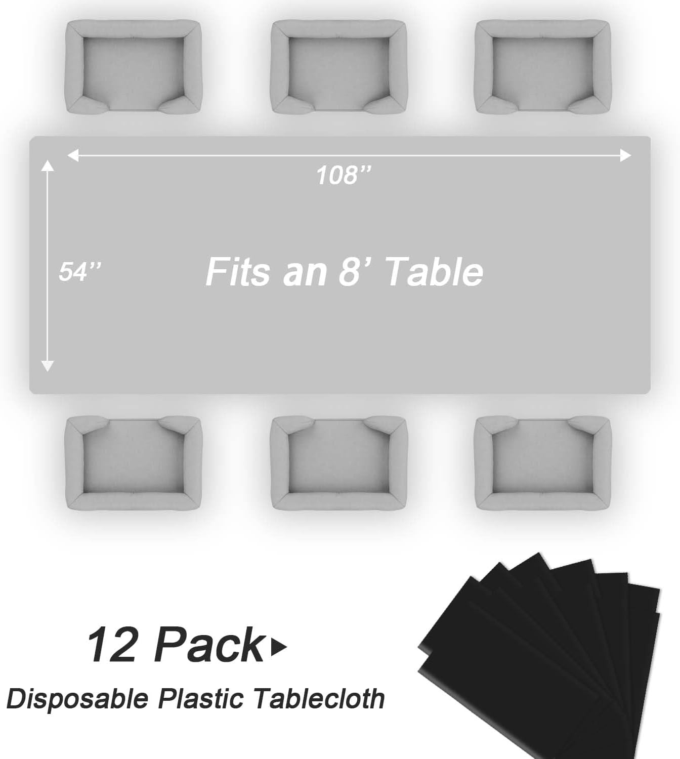 QIKSION Plastic Table Cloth Disposable 12 Pack, 54 x 108 Inch Tablecloths for Rectangle Tables, Black Plastic Table Cover