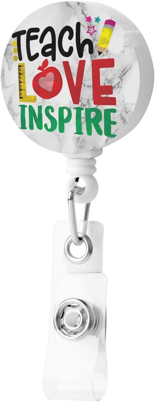 Teach Love Inspire Teacher Badge Reels Retractable Badge Holder with Clip for Id Name Tag Office Worker Student Nurse Doctor