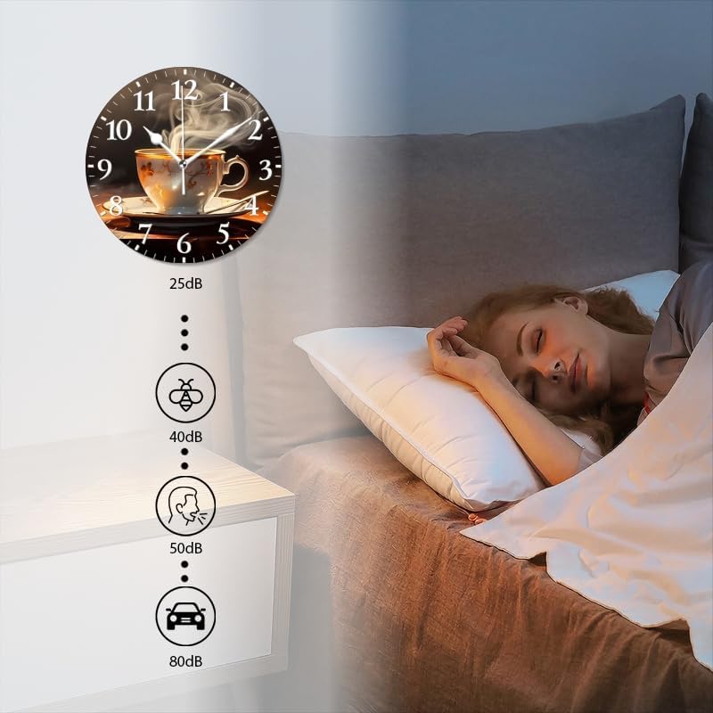 Coffee Wall Clock Non-Ticking Silent Clocks Battery Operated Analog Decor Clock for Home-Steaming Cup of Coffee On The Table(16inch)