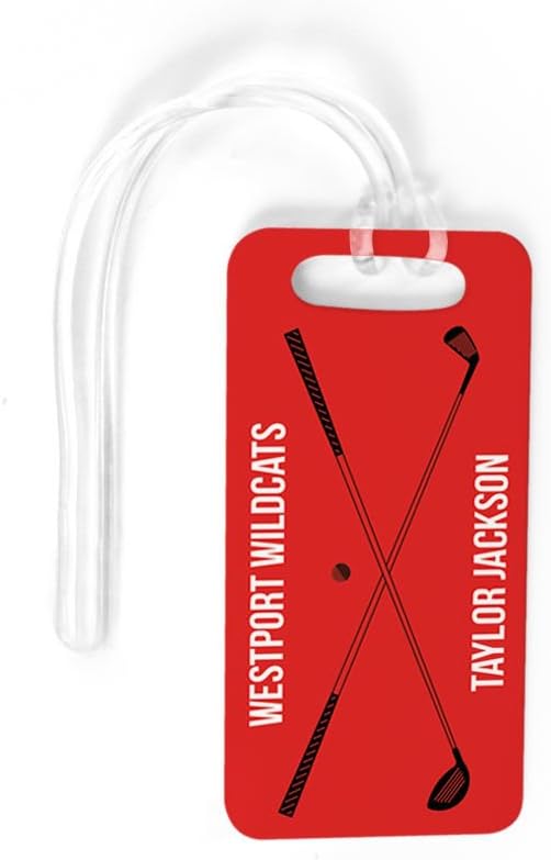 ChalkTalkSPORTS Golf Luggage & Bag Tag | Personalized Crossed Golf Clubs | Standard Lines on Back | Small | Red/Black