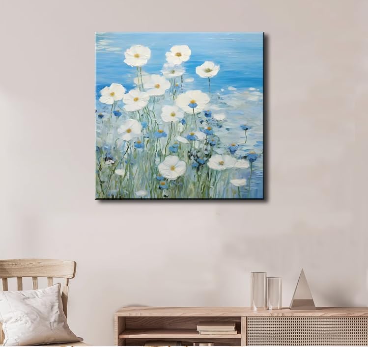 dgbtcart Bathroom Wall Art White Daisy Flower Picture Decor, Textured Blue Floral Painting Modern Artwork Canvas Print for Bedroom Office Home Decoration - 14"x14"