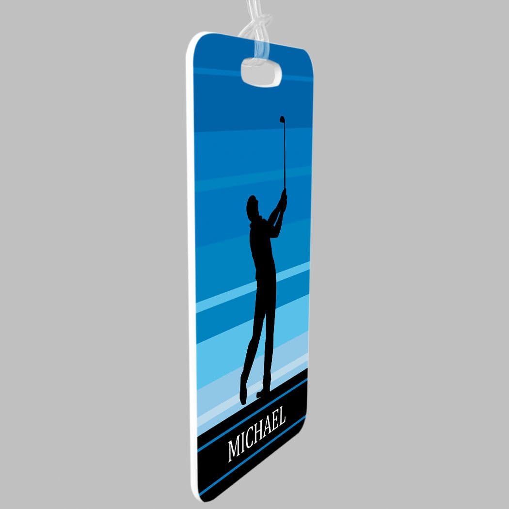 ChalkTalkSPORTS Golf Luggage & Bag Tag | Personalized Male Golfer | Standard Lines on Back | Small | Blue