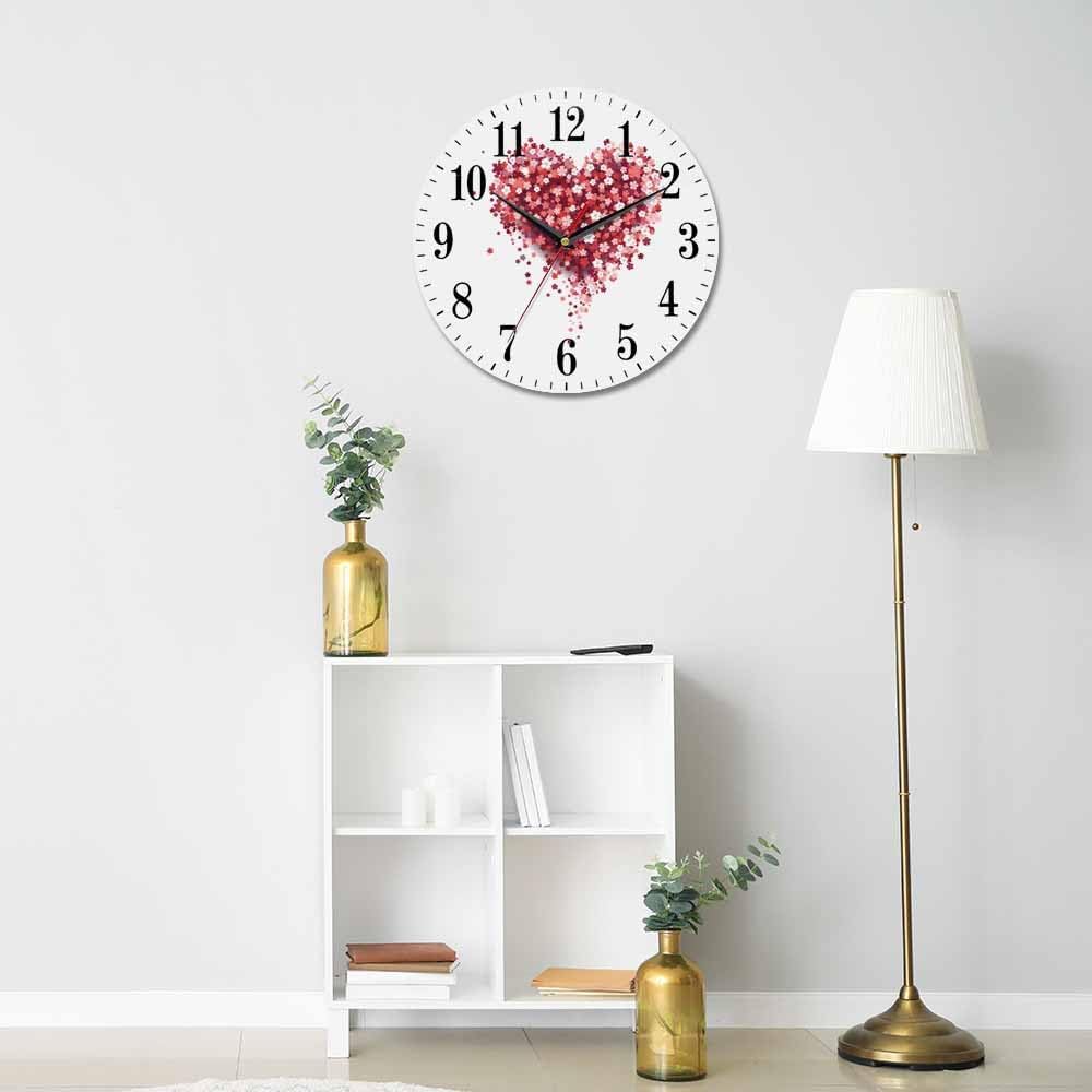 Mxocom Floral Love Heart Wall Clock Beautiful Romantic Red Pink Rose Peony Flower Petal 10 Inch Silent Non Ticking Battery Operated Clock Vintage Round Clock for Living Room Bedroom Bathroom Decor