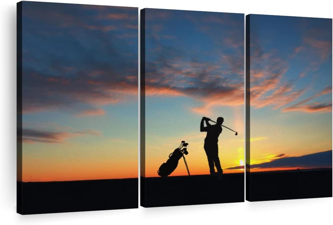ElephantStock Golfing At Sunset Wall Art - Horizontal Canvas - 3-Piece Living Room Wall Decor - Golf Photography Canvas Print - Black and Orange Decor for Wall - 65" X 42"