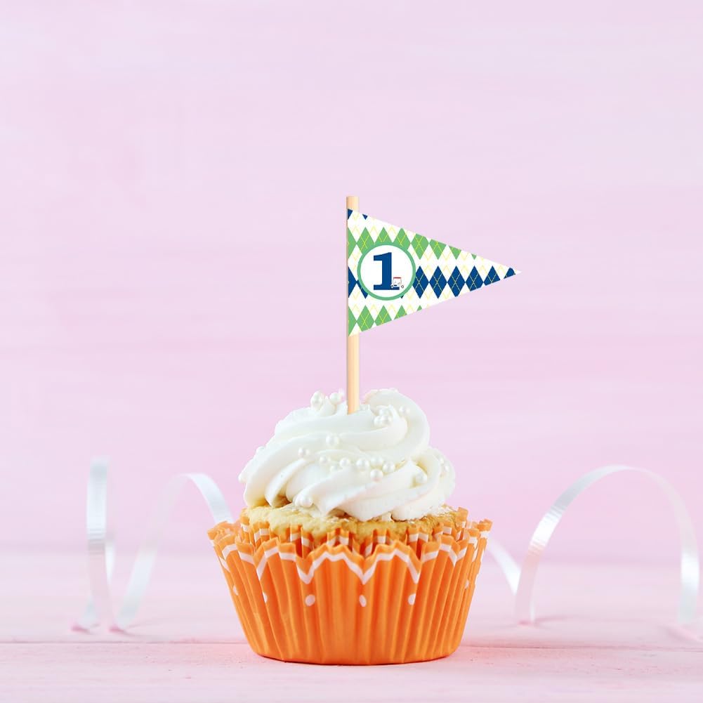 Golf Themed Toothpick Flags, 20 PCS Hole In One 1st Birthday Golf Cocktail Picks Mini Stick Cupcake Toppers Flags for Baby 1st Birthday Party Food Bar Decorations (Plaid Pattern Hole In 1)