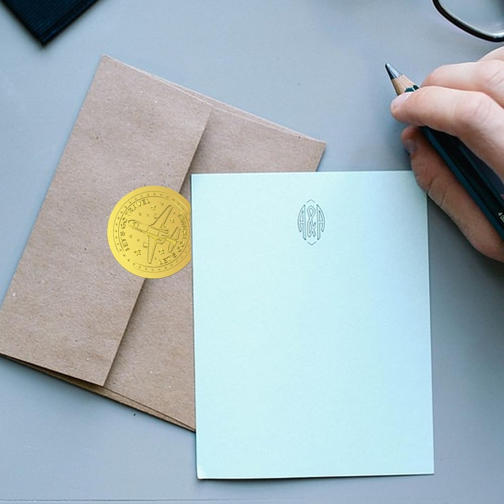 Peacoblue Gold Foil Stickers Seals Embossed 2 Inch 100Pcs Airplane with Let's go Travel, Self Adhesive Gold Around Embossing Sticker for Certificate Paper Envelope Seal Gift Card Present Decoration
