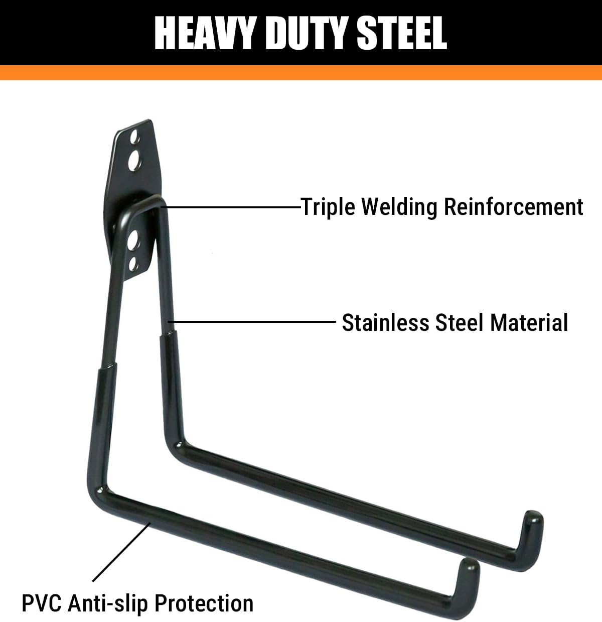 WMK Garage Hooks 4 Pack Wall Storage Hooks Heavy Duty Steel Tool Hangers for Utility Organizer, Wall Mount Holders for Garden Lawn Tools, Ladders, Bike (Black)