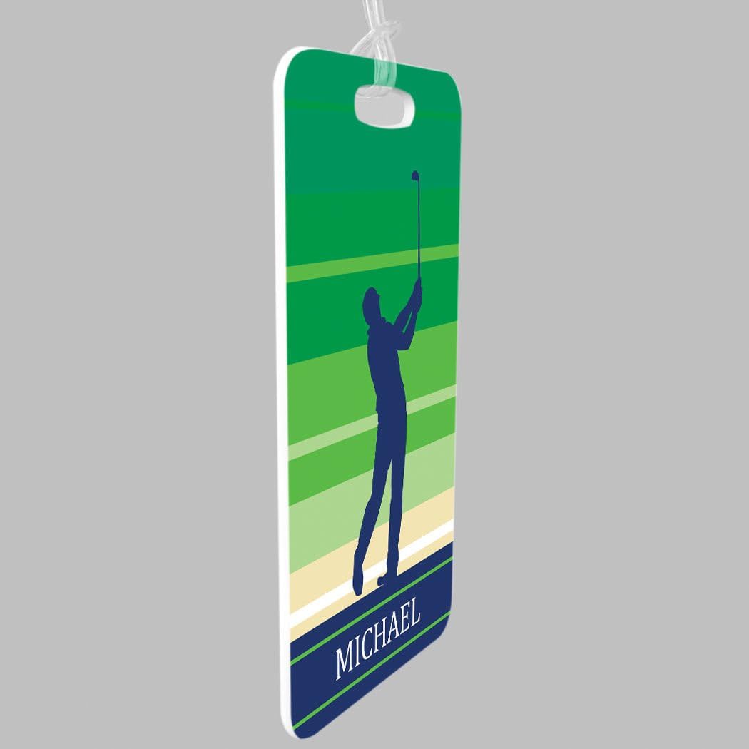 ChalkTalkSPORTS Golf Luggage & Bag Tag | Personalized Male Golfer | Standard Lines on Back | Medium | Green