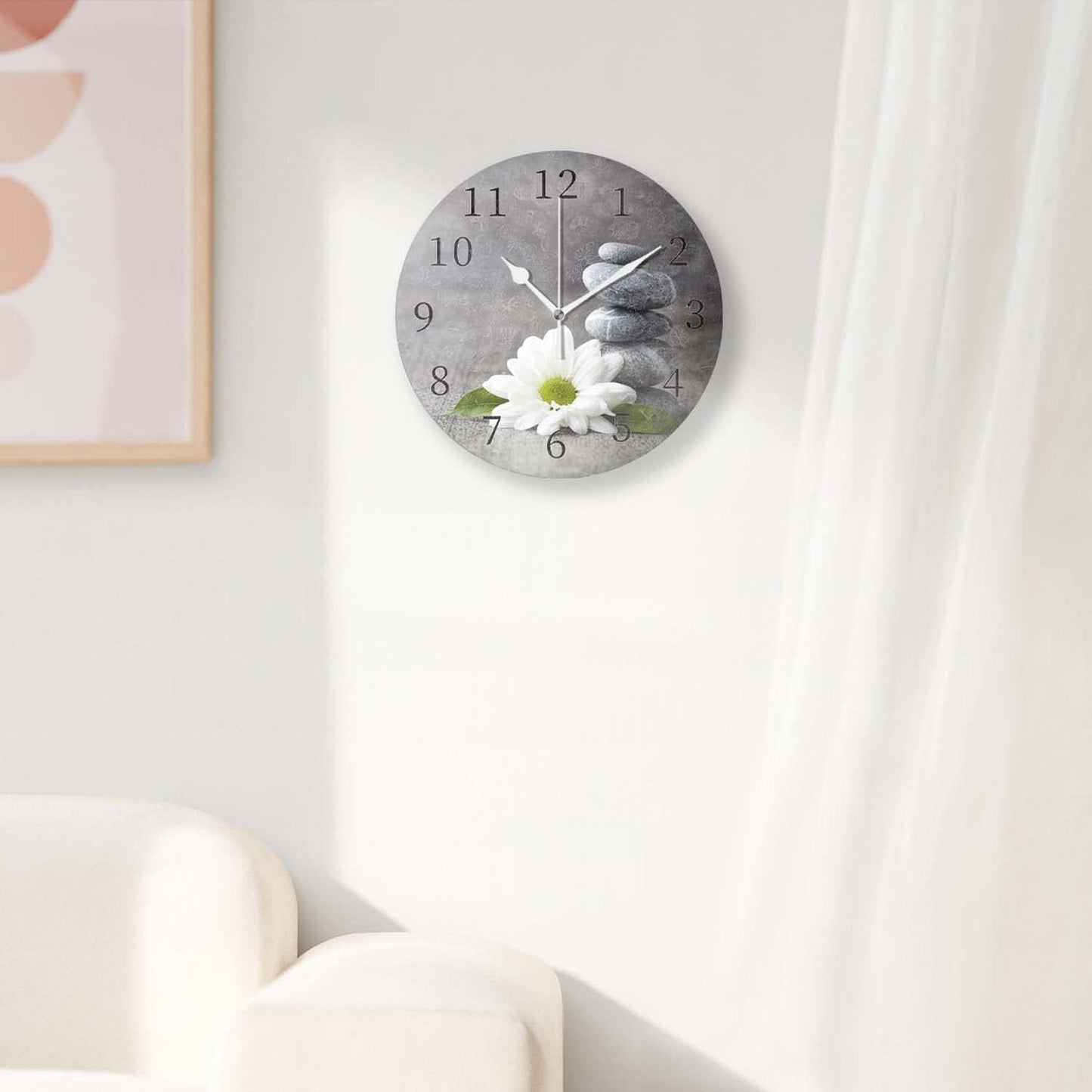 Battery Operated Wall Clocks 12 Inch,Grey Stone and Flowers,Silent Home Decor for Bathroom,Living Room,Bedroom