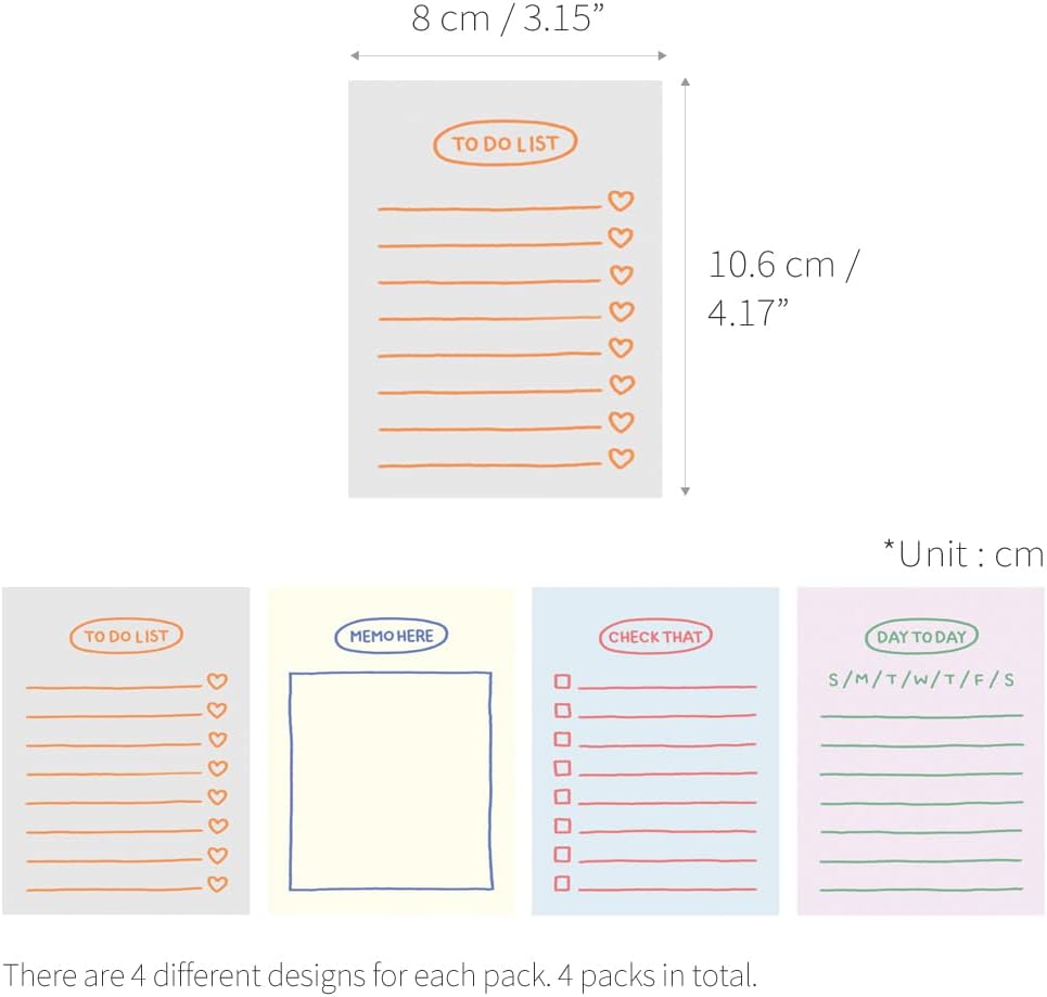 Monolike Memopad Sketch Planning design SET - 4 Packs, 4 Different Designs, 100 Sheets Per Pad, Total 400 Sheets, Note pads, Writing pads, 3.15 x 4.17 Inches