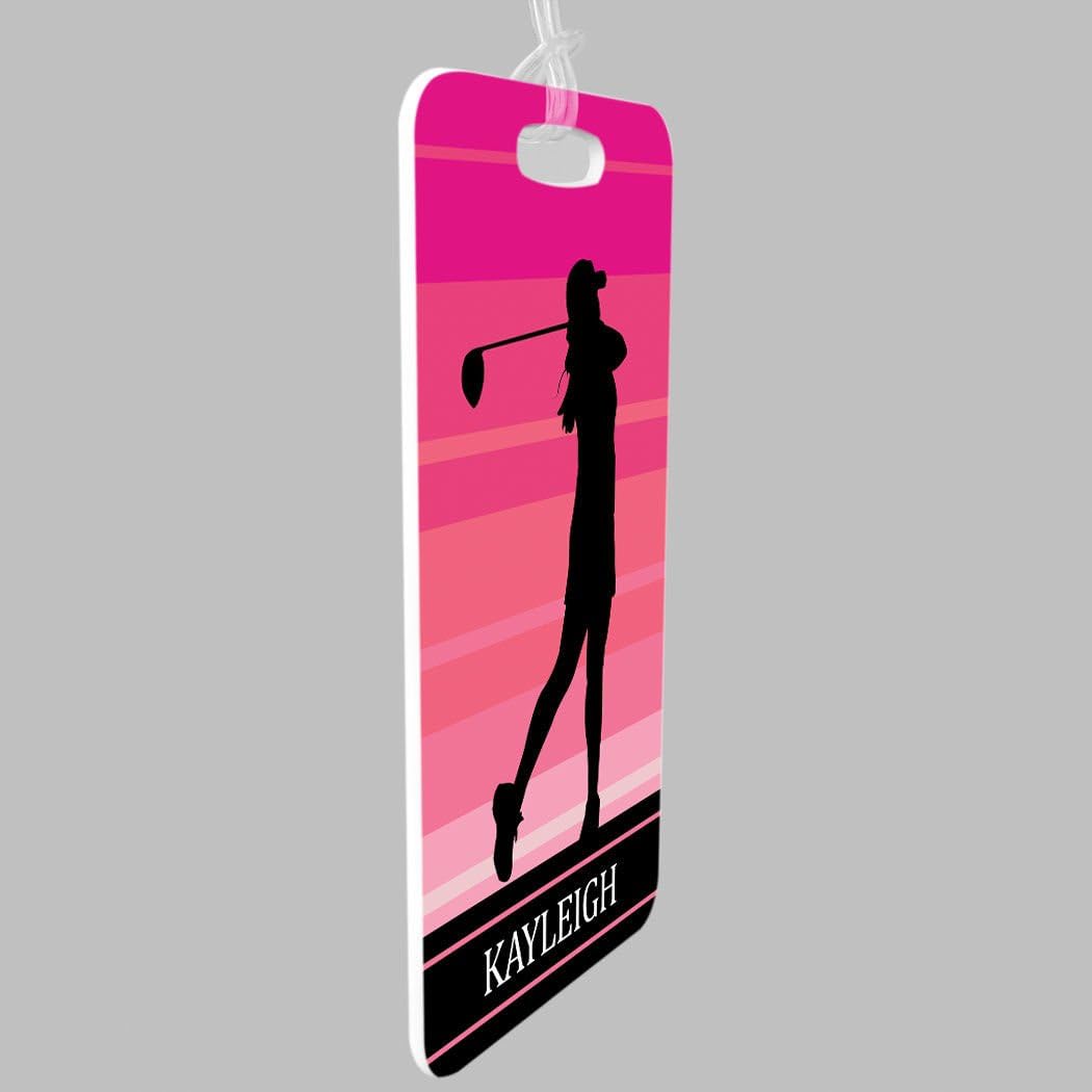 ChalkTalkSPORTS Golf Luggage & Bag Tag | Personalized Female Golfer | Standard Lines on Back | Large | Pink