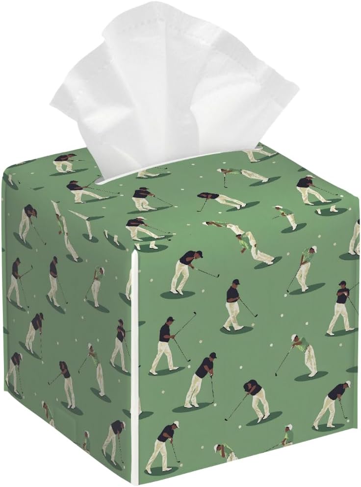 Square Leather Tissue Box Cover, Waterproof Napkin Dispenser with Golf Theme Golf Player Print, Tissue Holder for Bathroom, Living Room, Bedroom, Office, and Car Decor