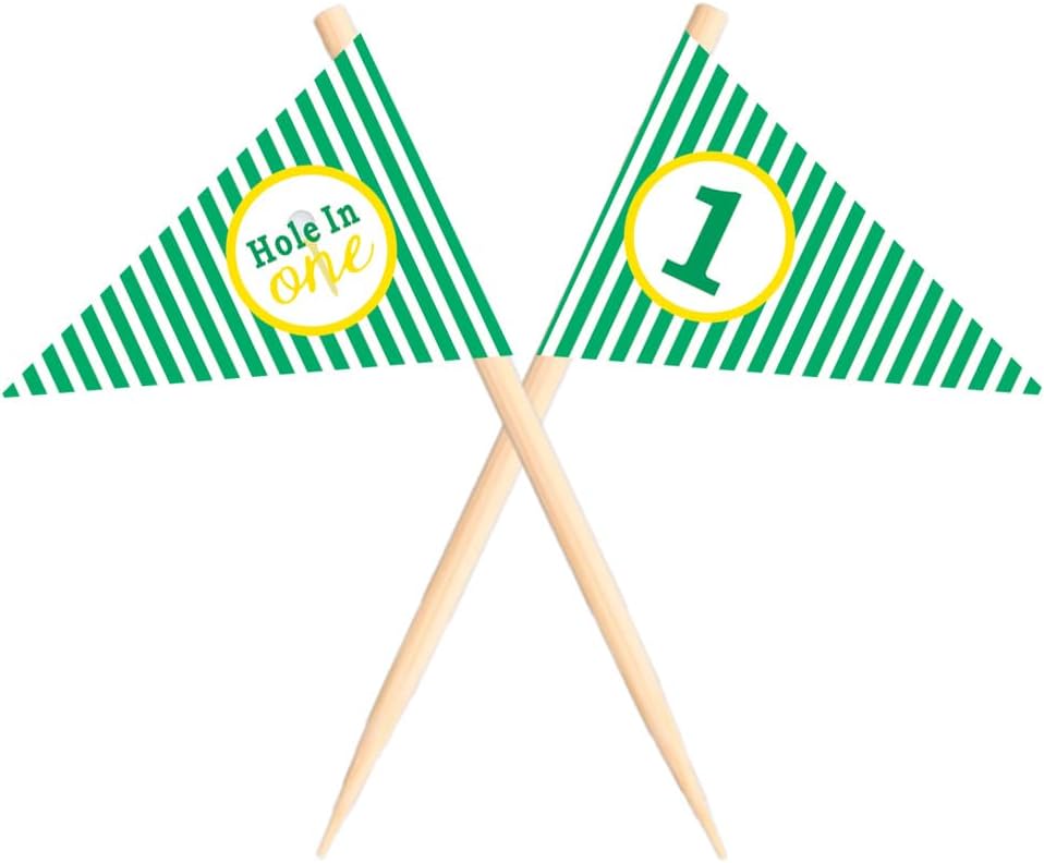 Golf Themed Toothpick Flags, 20 PCS Hole In One 1st Birthday Golf Cocktail Picks Mini Stick Cupcake Toppers Flags for Baby 1st Birthday Party Food Bar Decorations (Stripe Hole In 1)