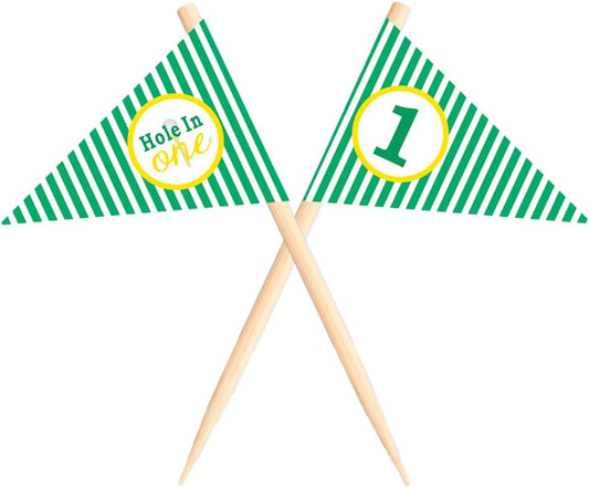 Golf Themed Toothpick Flags, 20 PCS Hole In One 1st Birthday Golf Cocktail Picks Mini Stick Cupcake Toppers Flags for Baby 1st Birthday Party Food Bar Decorations (Stripe Hole In 1)