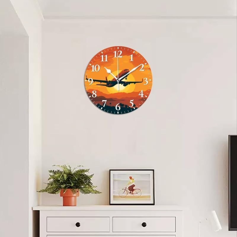 Sunset Wall Clock Non-Ticking Silent Clocks Battery Operated Analog Decor Clock for Home-Illustration of Airplane Flying Over The Sunset(14inch)