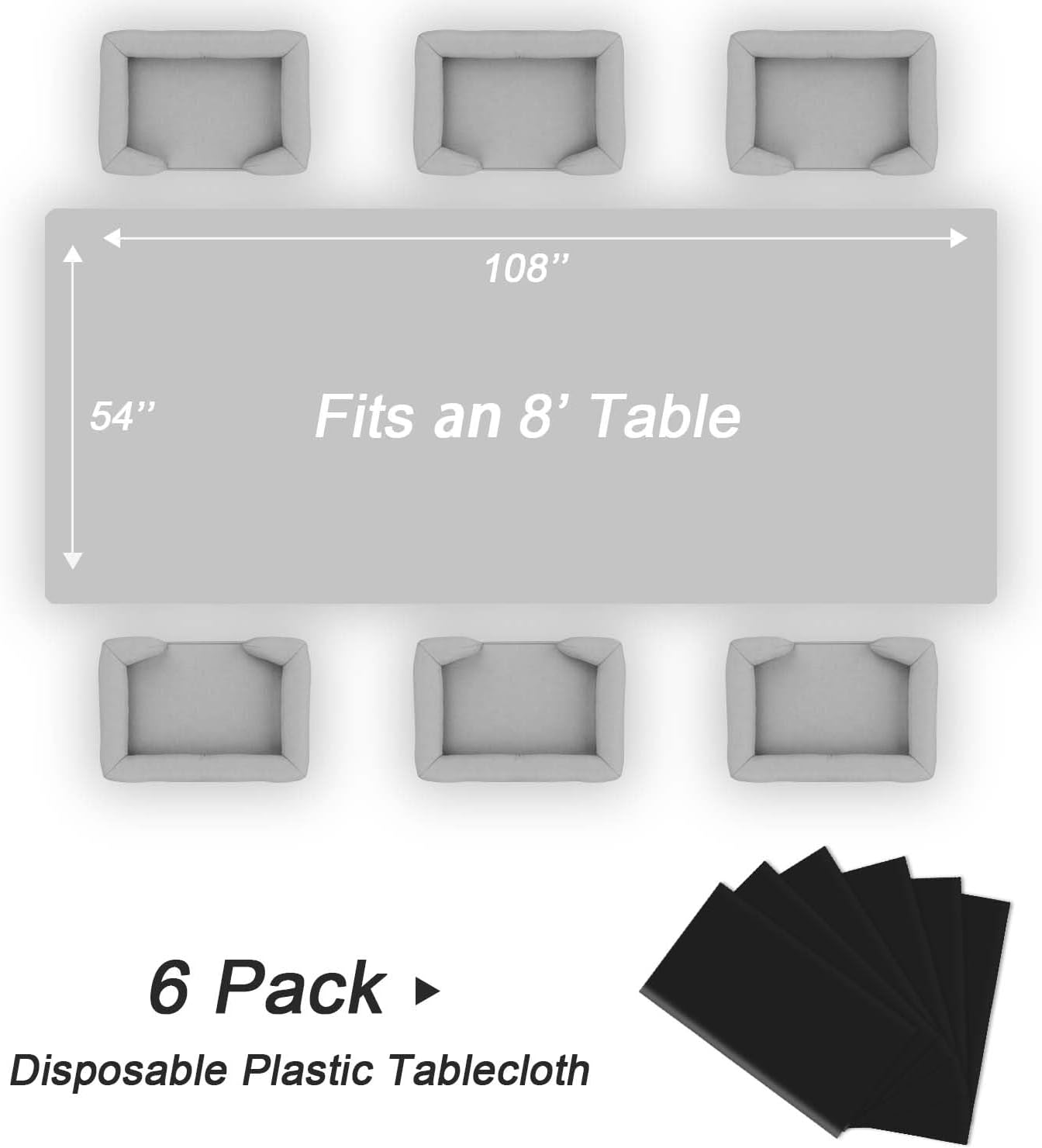 QIKSION Plastic Table Cloth Disposable 6 Pack, 54 x 108 Inch Tablecloths for Rectangle Tables, Black Plastic Table Cover