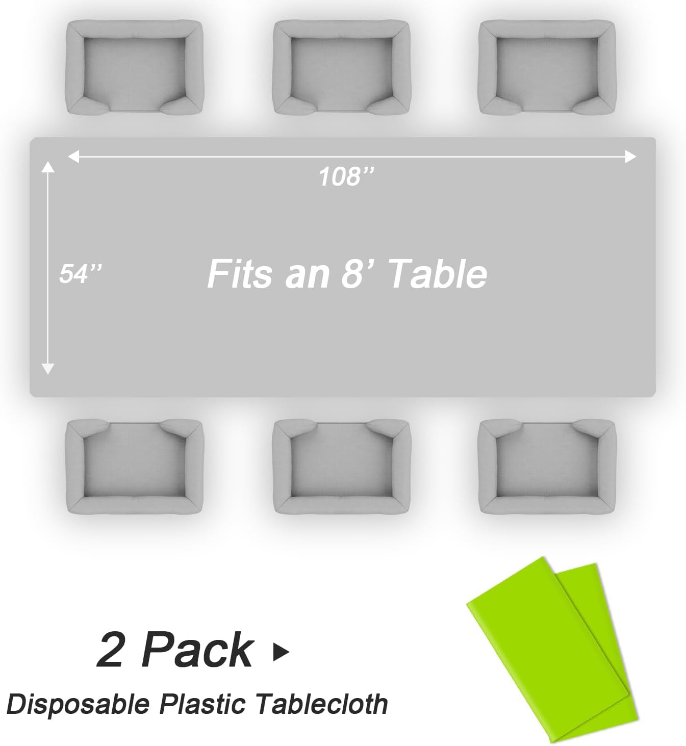QIKSION Plastic Table Cloth Disposable 2 Pack, 54 x 108 Inch Tablecloths for Rectangle Tables, Lime Green Plastic Table Cover