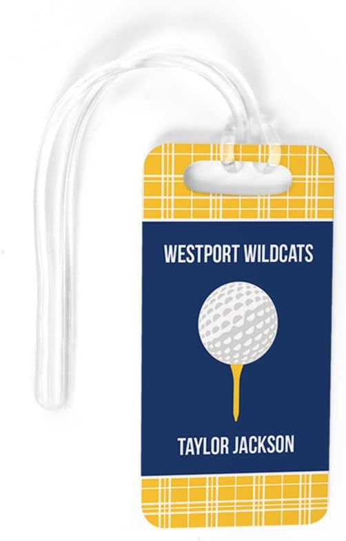 ChalkTalkSPORTS Golf Luggage & Bag Tag | Personalized Team with Golf Ball | Standard Lines on Back | Small | Gold/Navy