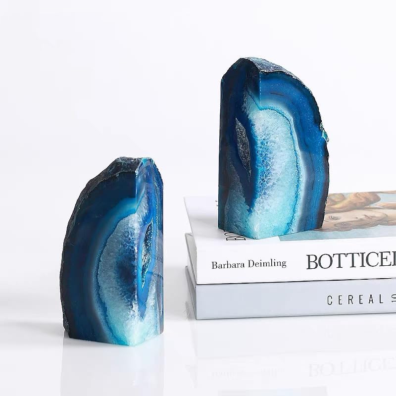 AMOYSTONE Natural Blue Agate Geode Bookends, Decorative Book Ends for Shelves, Stackable Book Stopper for Small Books, Unique Agate Stone Bookends, 2-3 LBS, Perfect for Home Office Decor