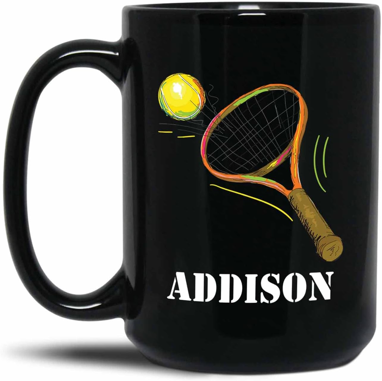 Personalized Tennis Coffee Mugs Cups With Name, Customized Tennis Sport Player Coffee Cup Gifts For Team Coach Tennis Lover, Tennis Ball Black Ceramic Mug 11 Oz 15 Oz, Tennis Players Travel Mug Gift