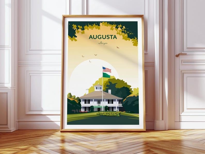 Augusta Golf Print - US Masters Clubhouse, Augusta National Golf Club Poster, Masters Golf Tournament Art, Augusta Georgia Golf Print, Vintage Golf Course Illustration (Unframed) (12x18)