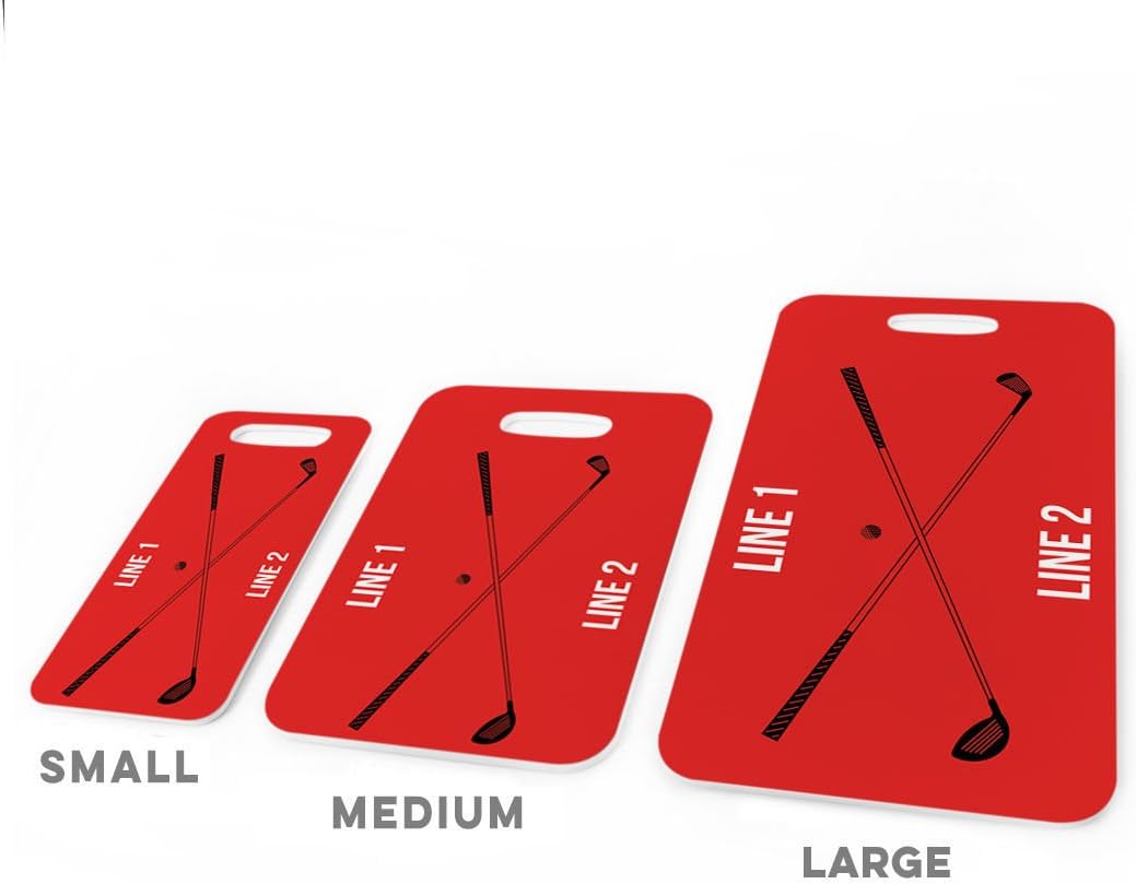 ChalkTalkSPORTS Golf Luggage & Bag Tag | Personalized Crossed Golf Clubs | Standard Lines on Back | Large | Red/Black