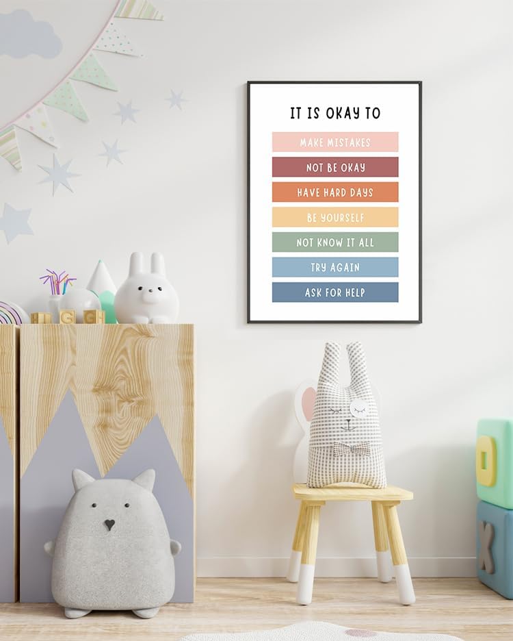 uoyien Growth Mindset Mental Health Posters Boho Classroom Playroom Therapy Wall Decor Affirmations Quotes Canvas Wall Art Kids Educational Prints For Calming Corner Decoration 16x24in Metal Framed
