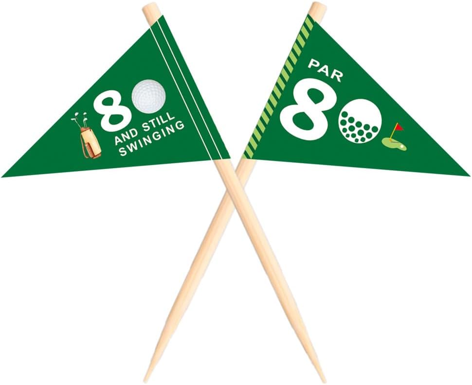 Golf Themed Toothpick Flags, 20 PCS Par 80 And Still Swinging Birthday Golf Cocktail Picks Mini Stick Cupcake Toppers Flags for Par 80 Golf 80th Birthday Party Food Bar Decorations (Par 80)