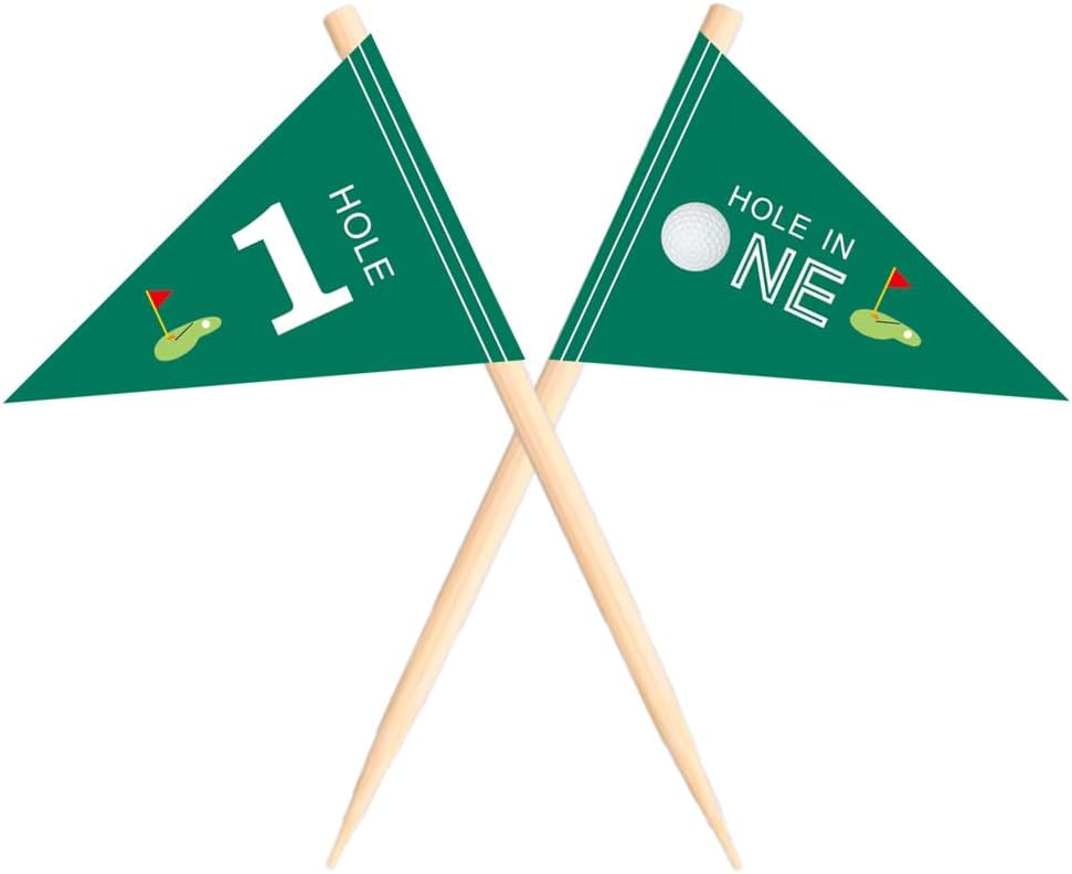 Golf Themed Toothpick Flags, 20 PCS Hole In One 1st Birthday Golf Cocktail Picks Mini Stick Cupcake Toppers Flags for Baby 1st Birthday Party Food Bar Decorations (Green Hole In 1)