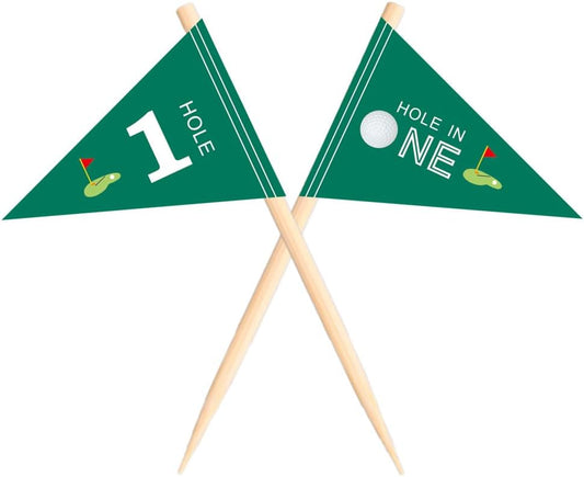 Golf Themed Toothpick Flags, 20 PCS Hole In One 1st Birthday Golf Cocktail Picks Mini Stick Cupcake Toppers Flags for Baby 1st Birthday Party Food Bar Decorations (Green Hole In 1)