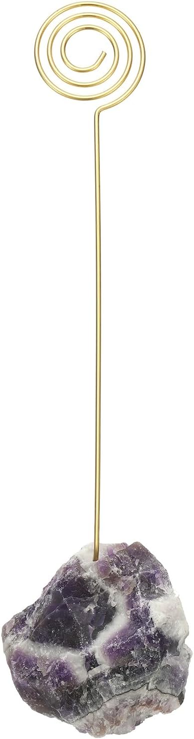 PATIKIL Table Number Holder, 1Pcs Photo Clip Holders Crystal Stone Quartz Desk Card Holder Raw Lollipop Shape Iron Memo Note Photo Stand for Wedding Party Home Office Decor, Purple