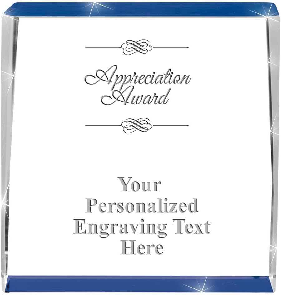 Crown Awards Customizable Crystal Trophy, 4" Engraved Blue Spotlight Crystal Award