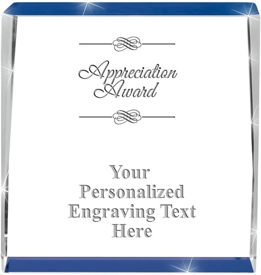 Crown Awards Customizable Crystal Trophy, 4" Engraved Blue Spotlight Crystal Award