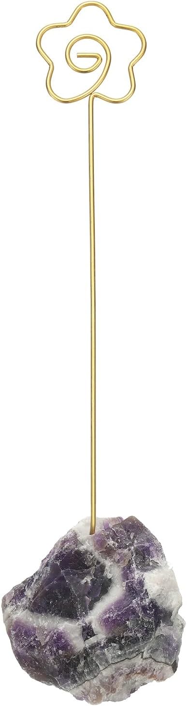 PATIKIL Table Number Holder, 1Pcs Photo Clip Holders Crystal Stone Quartz Desk Card Holder Raw Flower Shape Iron Memo Note Photo Stand for Wedding Party Home Office Decor, Purple