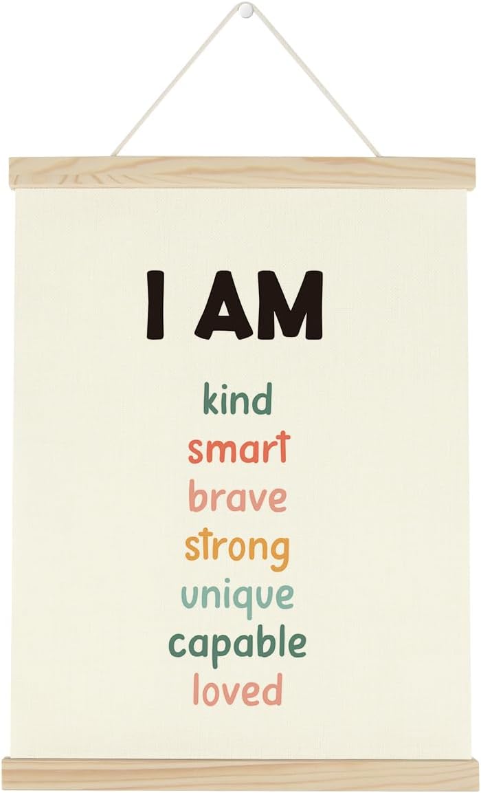 WINGTECA Affirmations for Kids Poster Hanger Frame Classroom Back to School Decorations I am Kind Smart Colorful Wall Hanging Banner Decor for Classroom Kids Room 12x16Inch