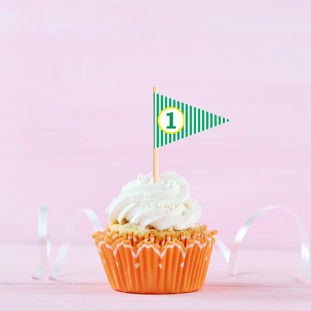 Golf Themed Toothpick Flags, 20 PCS Hole In One 1st Birthday Golf Cocktail Picks Mini Stick Cupcake Toppers Flags for Baby 1st Birthday Party Food Bar Decorations (Stripe Hole In 1)
